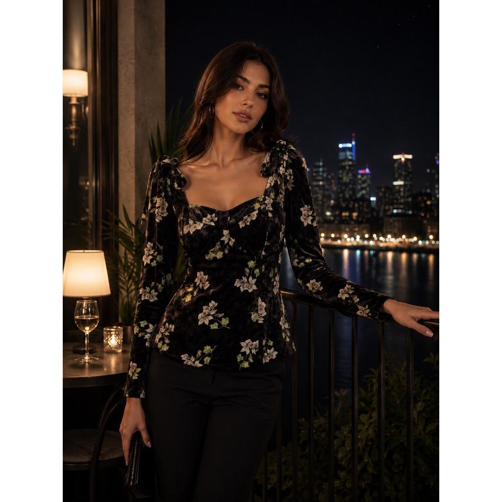 Hutch | Daphne Velvet Floral Sweetheart Corset Long Sleeve Top
